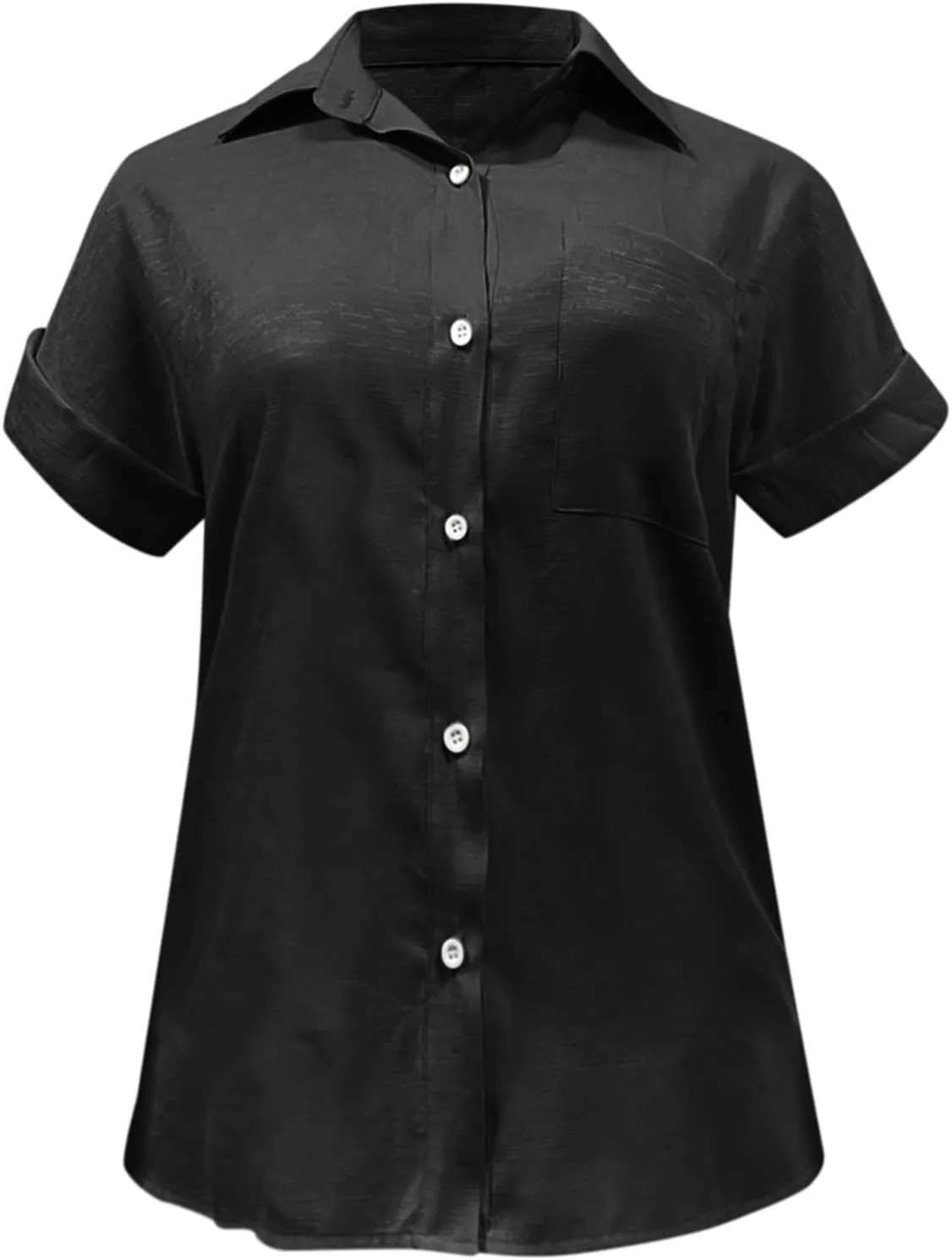 Women's Linen Shirts V Neck Button Up Blouse Lapel Collar Basic Tee Shirt Short Sleeve Loose Tunics Top