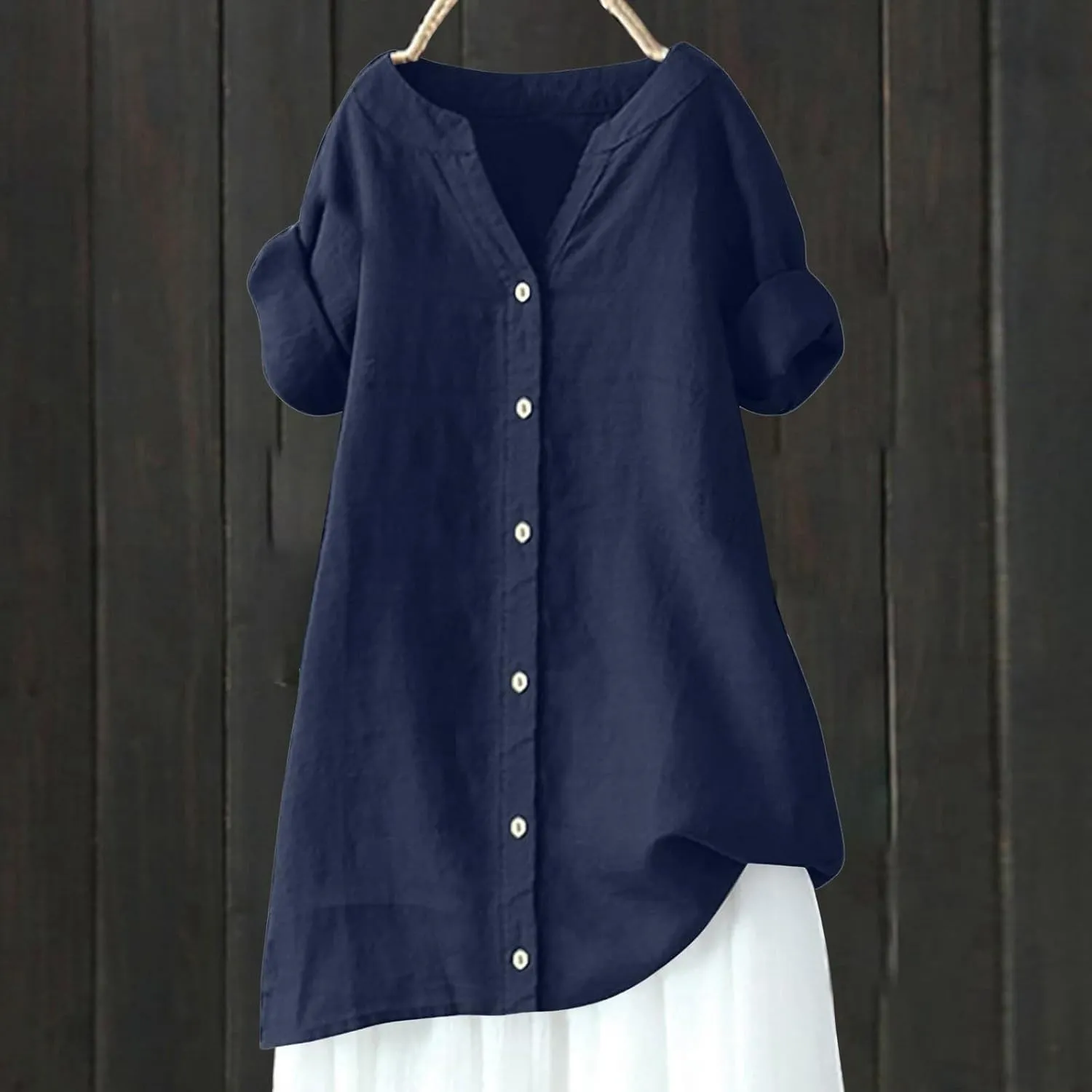 Women's Linen Shirts V Neck Button Up Blouse Lapel Collar Basic Tee Shirt Short Sleeve Loose Tunics Top