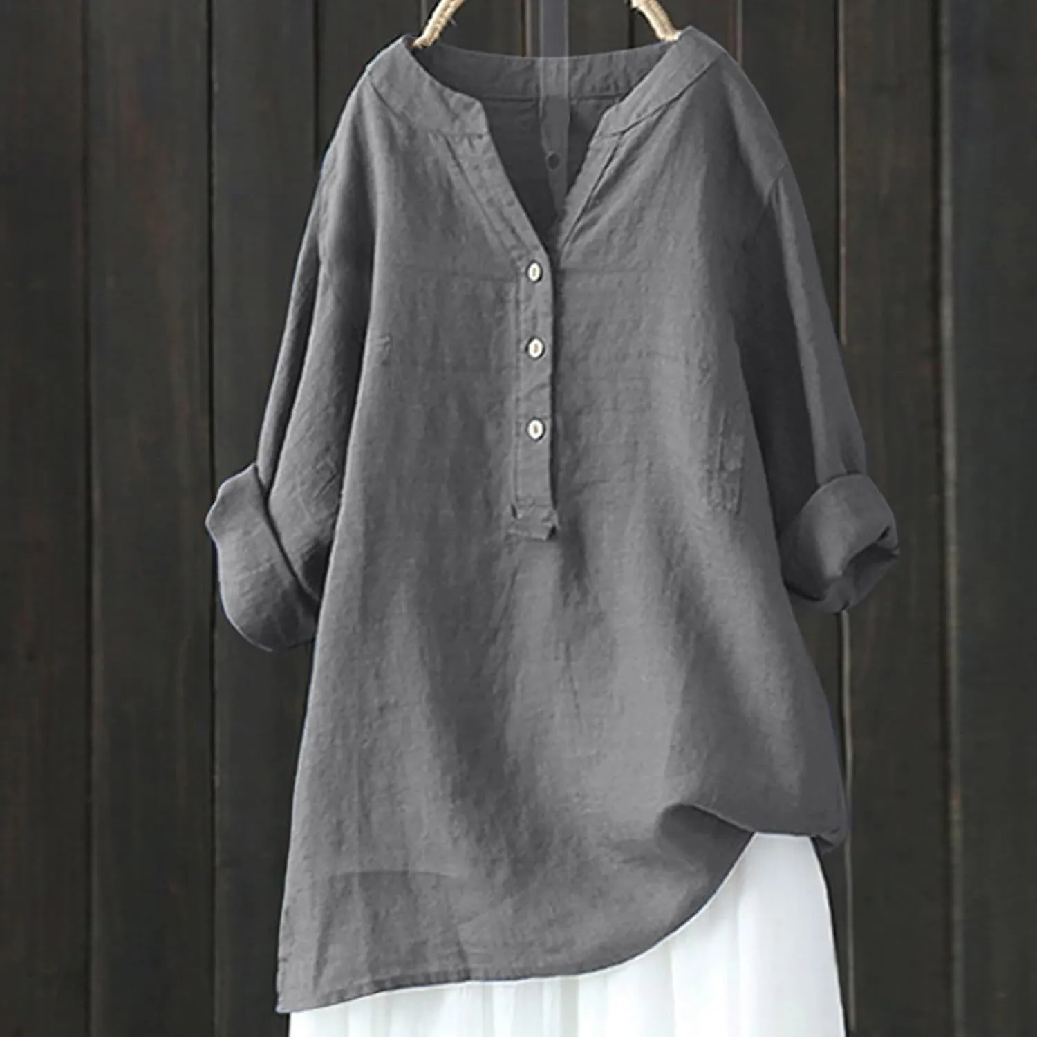 Womens Linen Shirts V Neck Buttons Blouses Floral Boho Dressy Tshirts Short Sleeve Loose Shirt