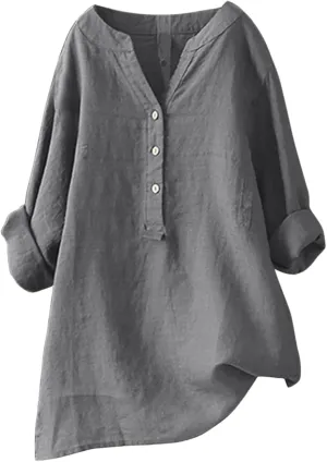 Womens Linen Shirts V Neck Buttons Blouses Floral Boho Dressy Tshirts Short Sleeve Loose Shirt