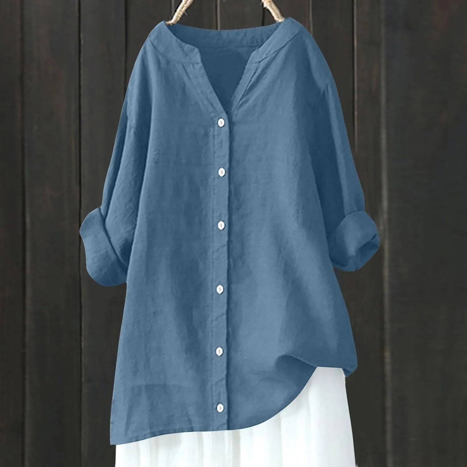Women's Linen Shirts V Neck Buttons Blouses Lapel Beach Tee Top Short Sleeve Loose T-Shirts