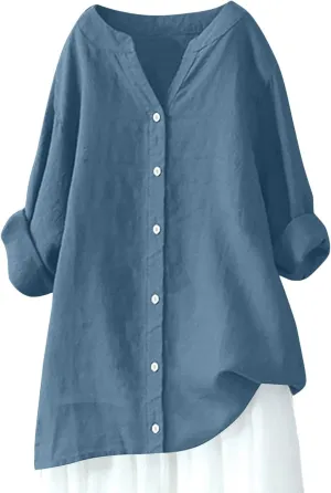 Women's Linen Shirts V Neck Buttons Blouses Lapel Beach Tee Top Short Sleeve Loose T-Shirts