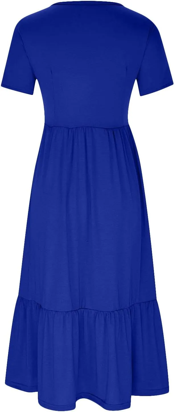Women's Long Dresses Crewneck Short Sleeve A line Swing Dress Flowy Summer Ruffle Tiered Maxi Sundress with Pockets