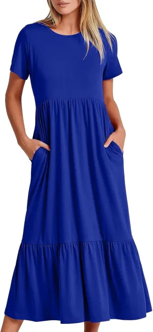 Women's Long Dresses Crewneck Short Sleeve A line Swing Dress Flowy Summer Ruffle Tiered Maxi Sundress with Pockets