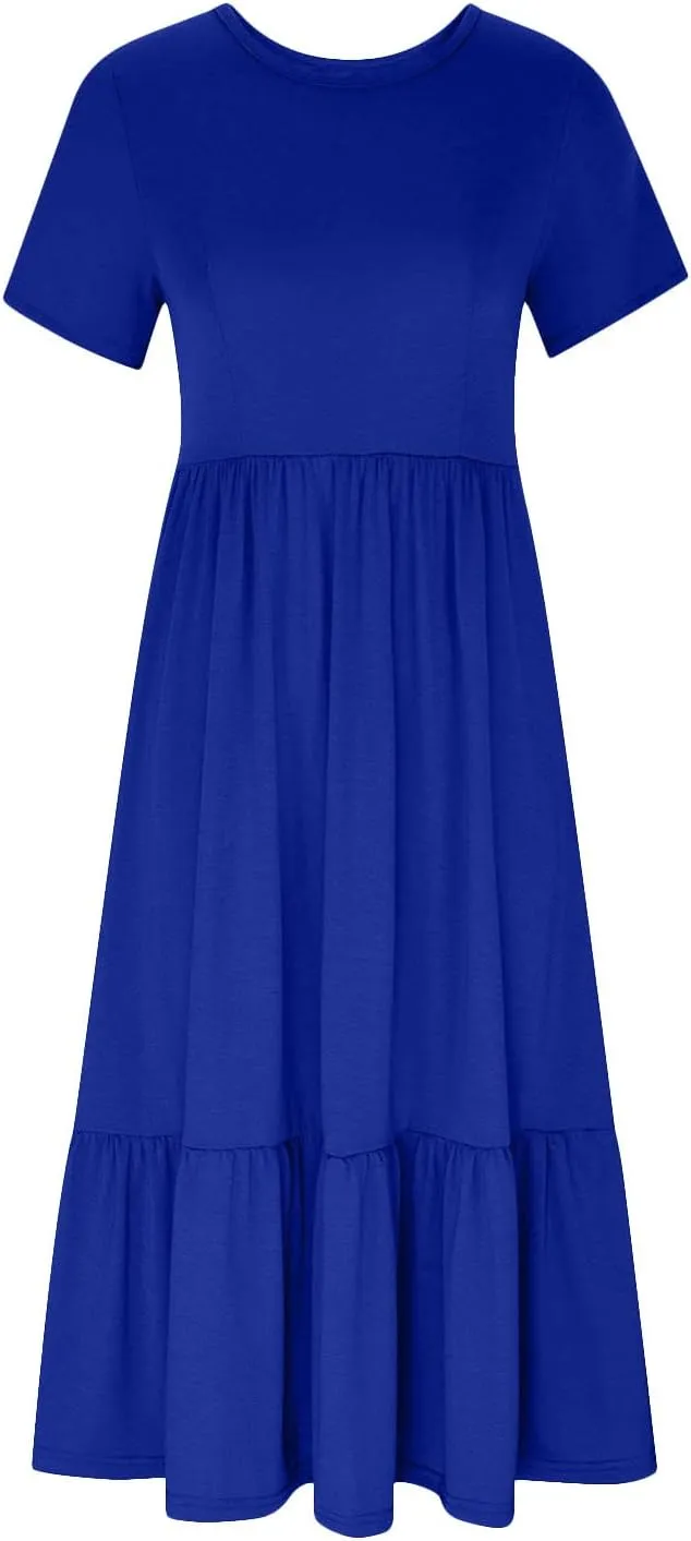 Women's Long Dresses Crewneck Short Sleeve A line Swing Dress Flowy Summer Ruffle Tiered Maxi Sundress with Pockets