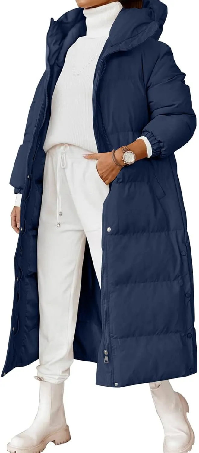 Womens Long Puffer Jackets Fashion Trench Coat 2024 Thickened Coat Hooded Deep Pockets Ladies Warm Winter Jacket