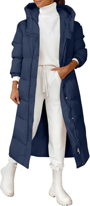 Womens Long Puffer Jackets Fashion Trench Coat 2024 Thickened Coat Hooded Deep Pockets Ladies Warm Winter Jacket