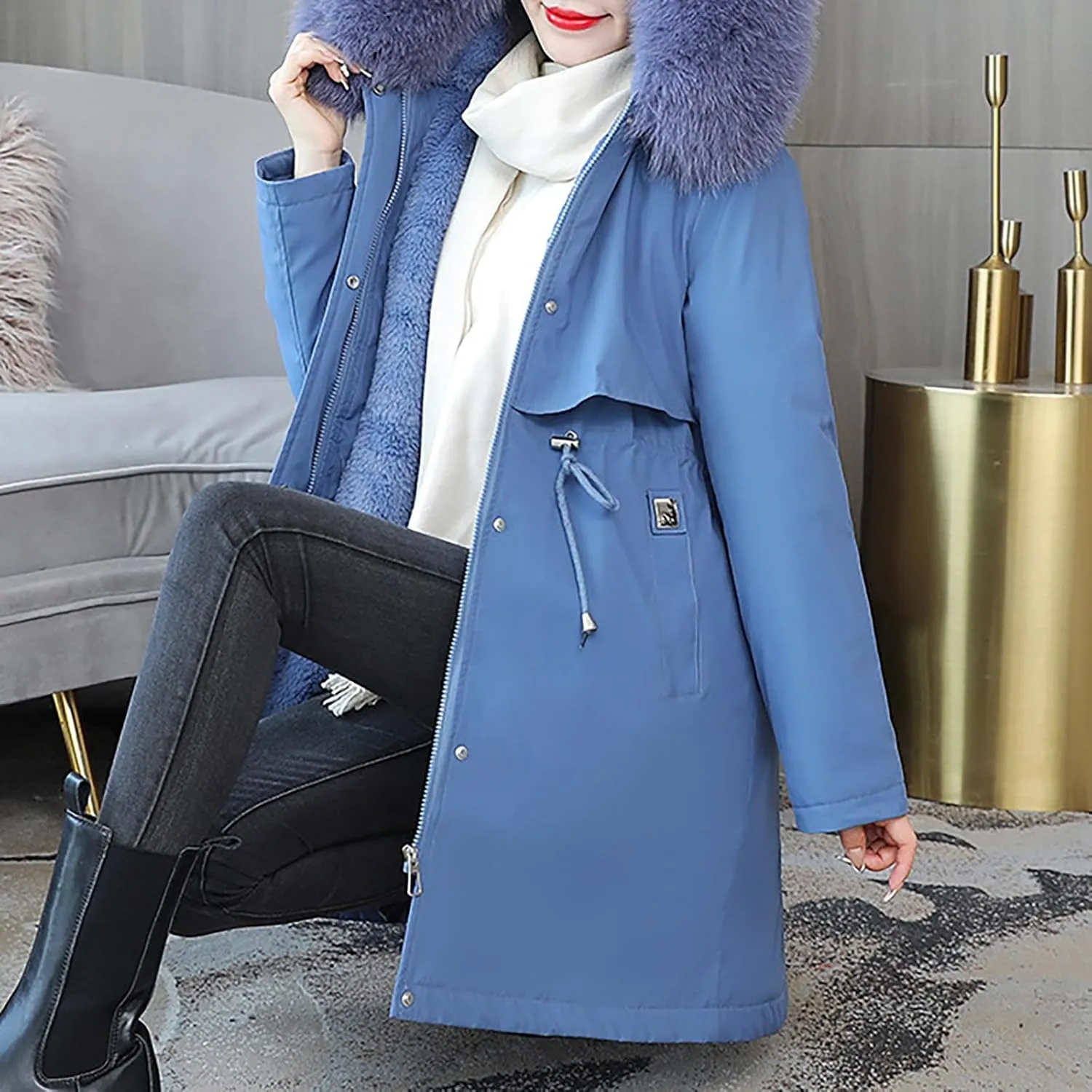 Women's Long Winter Quilted Puffer Coat Warm Maxi Down Jacket Faux Fur Fleece Hood Parka Outerwear with Hooded