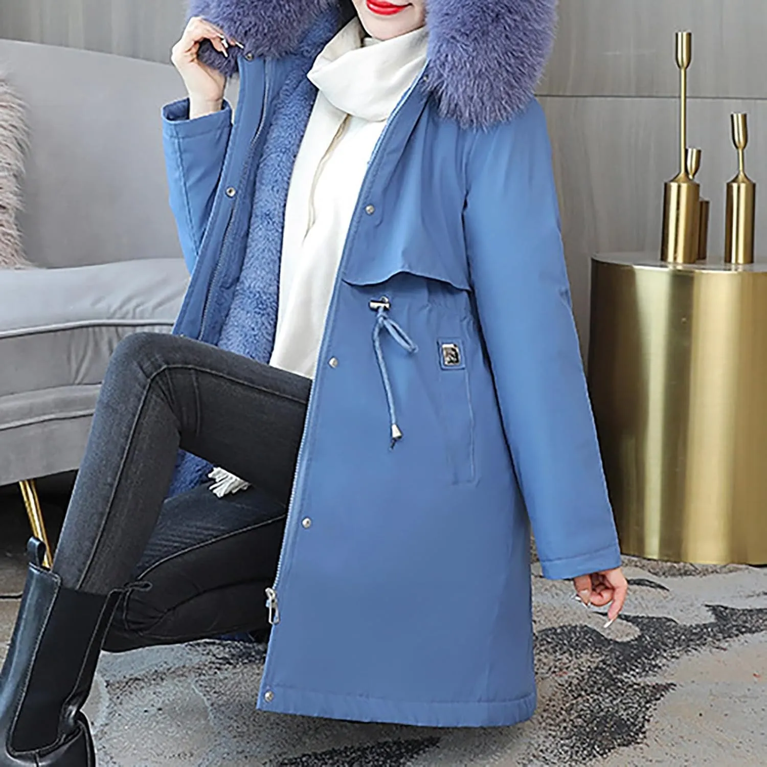 Women's Long Winter Quilted Puffer Coat Warm Maxi Down Jacket Faux Fur Fleece Hood Parka Outerwear with Hooded