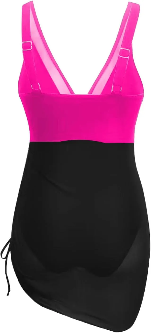 Womens One Piece Swimsuit Tummy Control Bathing Suits Sexy V Neck Slimming Swimdress Sheer Mesh Sarong Wraps Swimwear