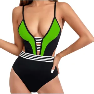 Women's One Piece Swimsuits Tummy Control Strap Bikini Swimsuits Cheeky Backless Color Block Plunge Bathing Suit