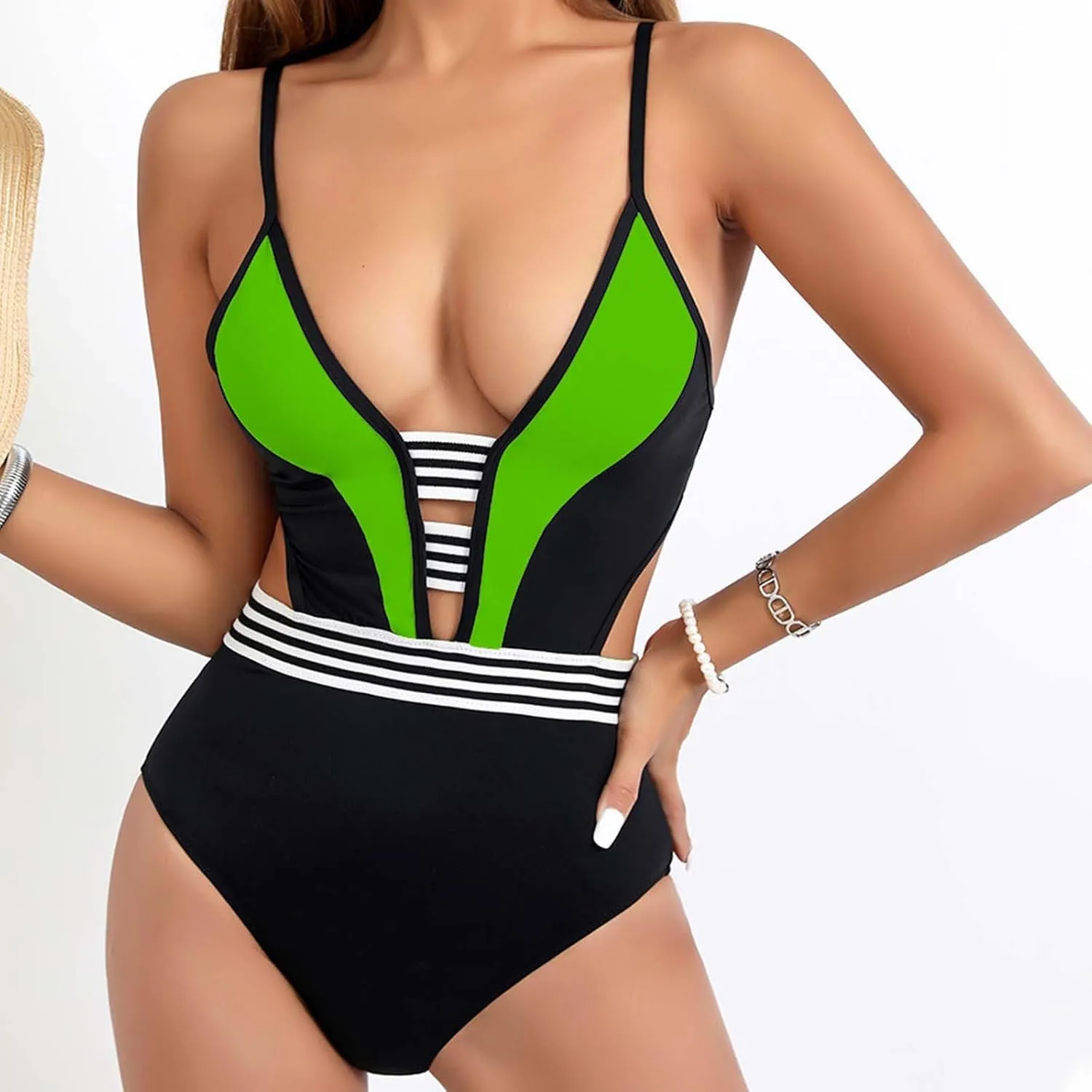 Women's One Piece Swimsuits Tummy Control Strap Bikini Swimsuits Cheeky Backless Color Block Plunge Bathing Suit