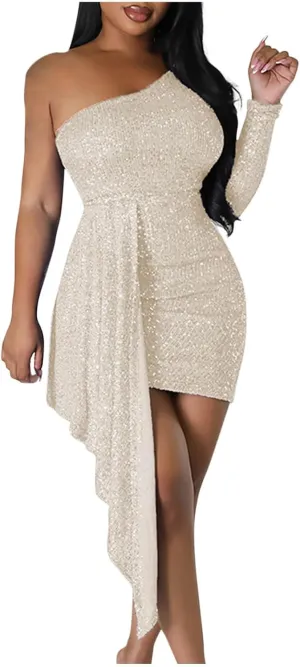 Women's One Shoulder Sequin Cocktail Dresses Long Sleeve Bodycon Wrap Evening Party Club Mini Dress