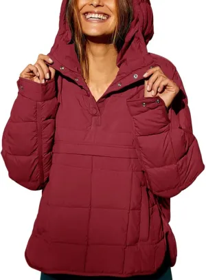 Womens Oversized Puffer Jacket Long-Sleeve Hooded Puffer Coat Packable Hooded Lightweight Warm Winter Coat Tops