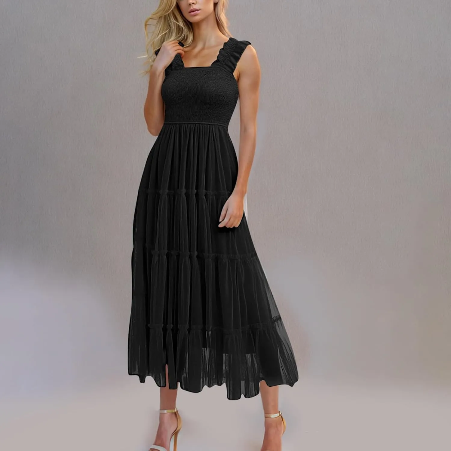 Women's Pleated Long Dresses Smocked Tiered Ruffle Beach Casual Vacation Strap Sundress Elegant Maxi Dress for Women