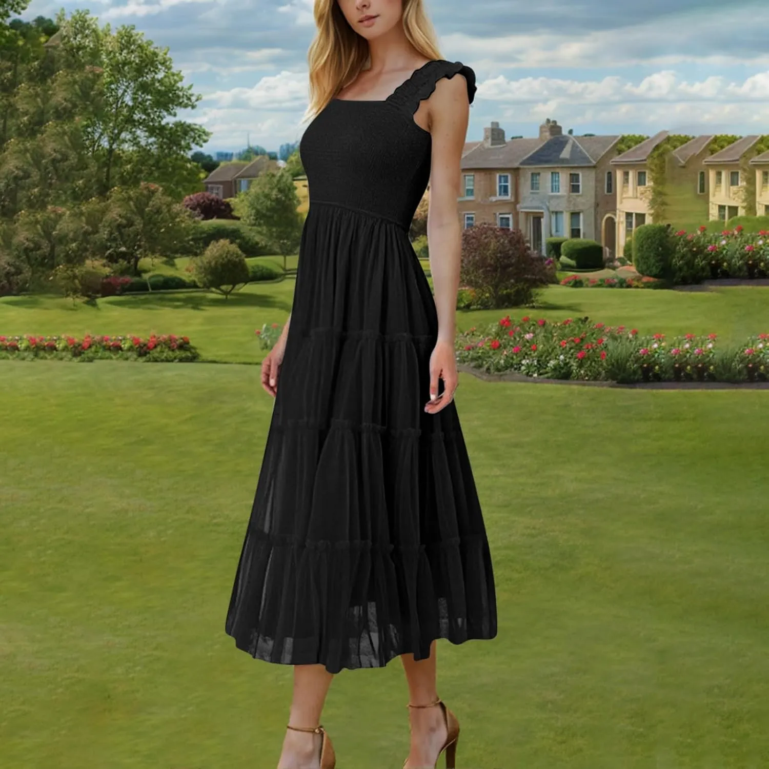 Women's Pleated Long Dresses Smocked Tiered Ruffle Beach Casual Vacation Strap Sundress Elegant Maxi Dress for Women