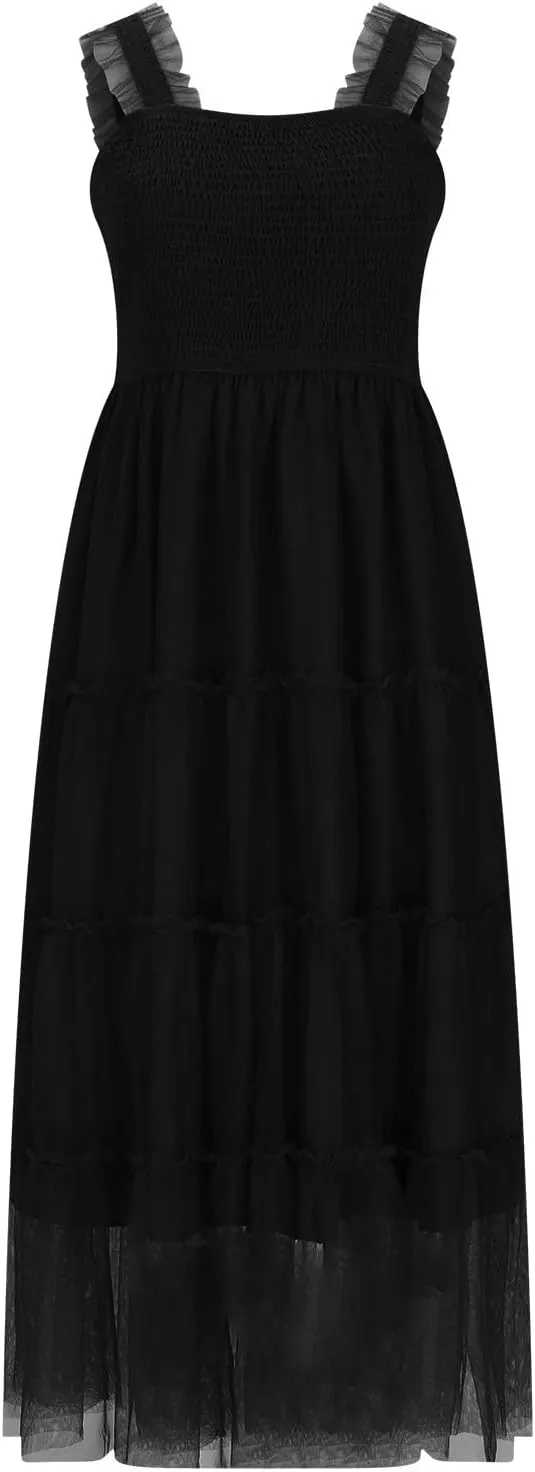 Women's Pleated Long Dresses Smocked Tiered Ruffle Beach Casual Vacation Strap Sundress Elegant Maxi Dress for Women
