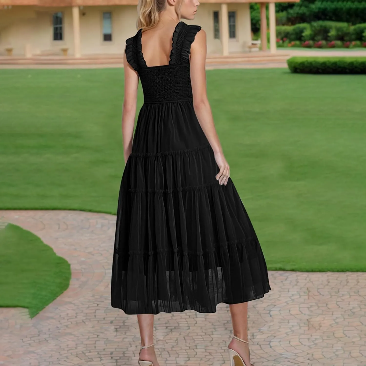 Women's Pleated Long Dresses Smocked Tiered Ruffle Beach Casual Vacation Strap Sundress Elegant Maxi Dress for Women