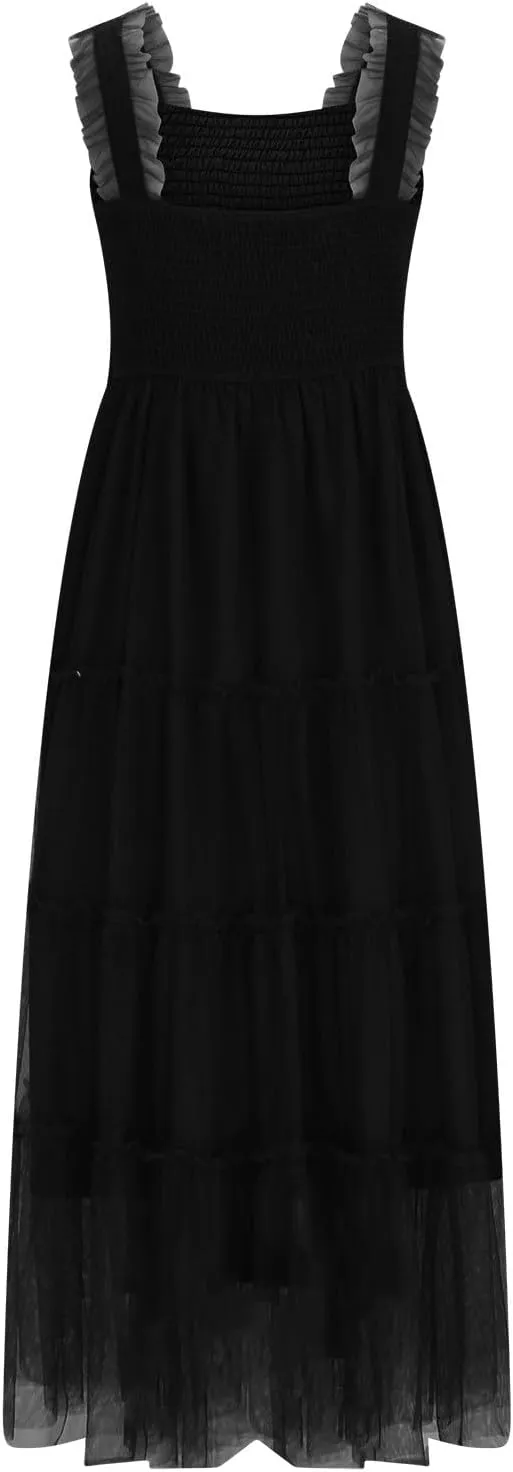 Women's Pleated Long Dresses Smocked Tiered Ruffle Beach Casual Vacation Strap Sundress Elegant Maxi Dress for Women