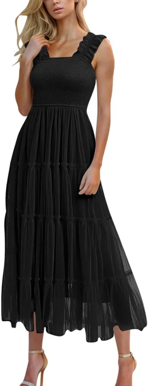 Women's Pleated Long Dresses Smocked Tiered Ruffle Beach Casual Vacation Strap Sundress Elegant Maxi Dress for Women