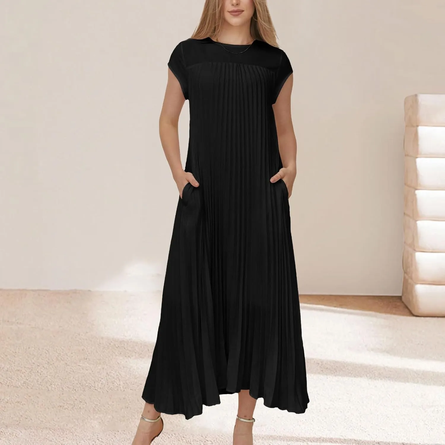 Womens Pleated Maxi Dress Casual Summer Crew Neck Short Sleeve Swing Long Dresses Flowy Dressy Trendy Dress with Pockets