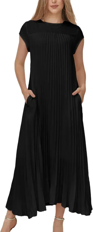 Womens Pleated Maxi Dress Casual Summer Crew Neck Short Sleeve Swing Long Dresses Flowy Dressy Trendy Dress with Pockets
