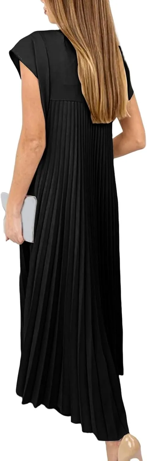 Womens Pleated Maxi Dress Casual Summer Crew Neck Short Sleeve Swing Long Dresses Flowy Dressy Trendy Dress with Pockets