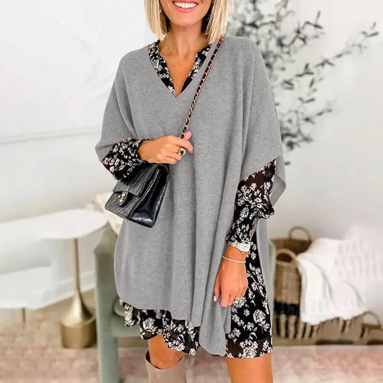 Womens Poncho Sweater Women V Neck Ponchos and Wraps Batwing Sleeveless Shawl Pullover Sweaters Teens Fashion Clothing