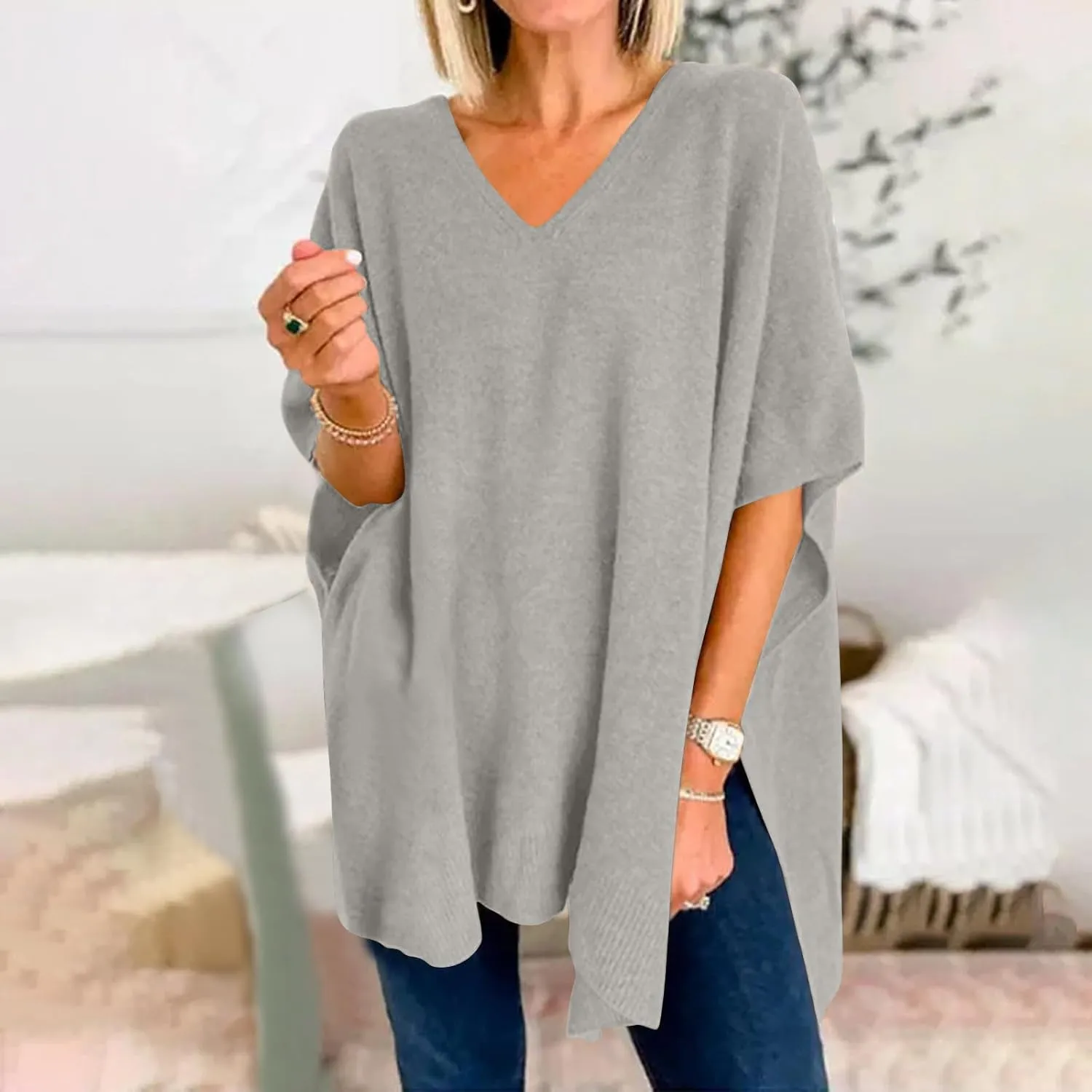 Womens Poncho Sweater Women V Neck Ponchos and Wraps Batwing Sleeveless Shawl Pullover Sweaters Teens Fashion Clothing