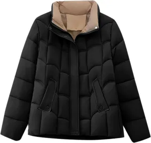 Women's Puffer Jackets Warm Winter Down Jackets Hood Zipped with Pockets Cropped Ladies Quilted Coats