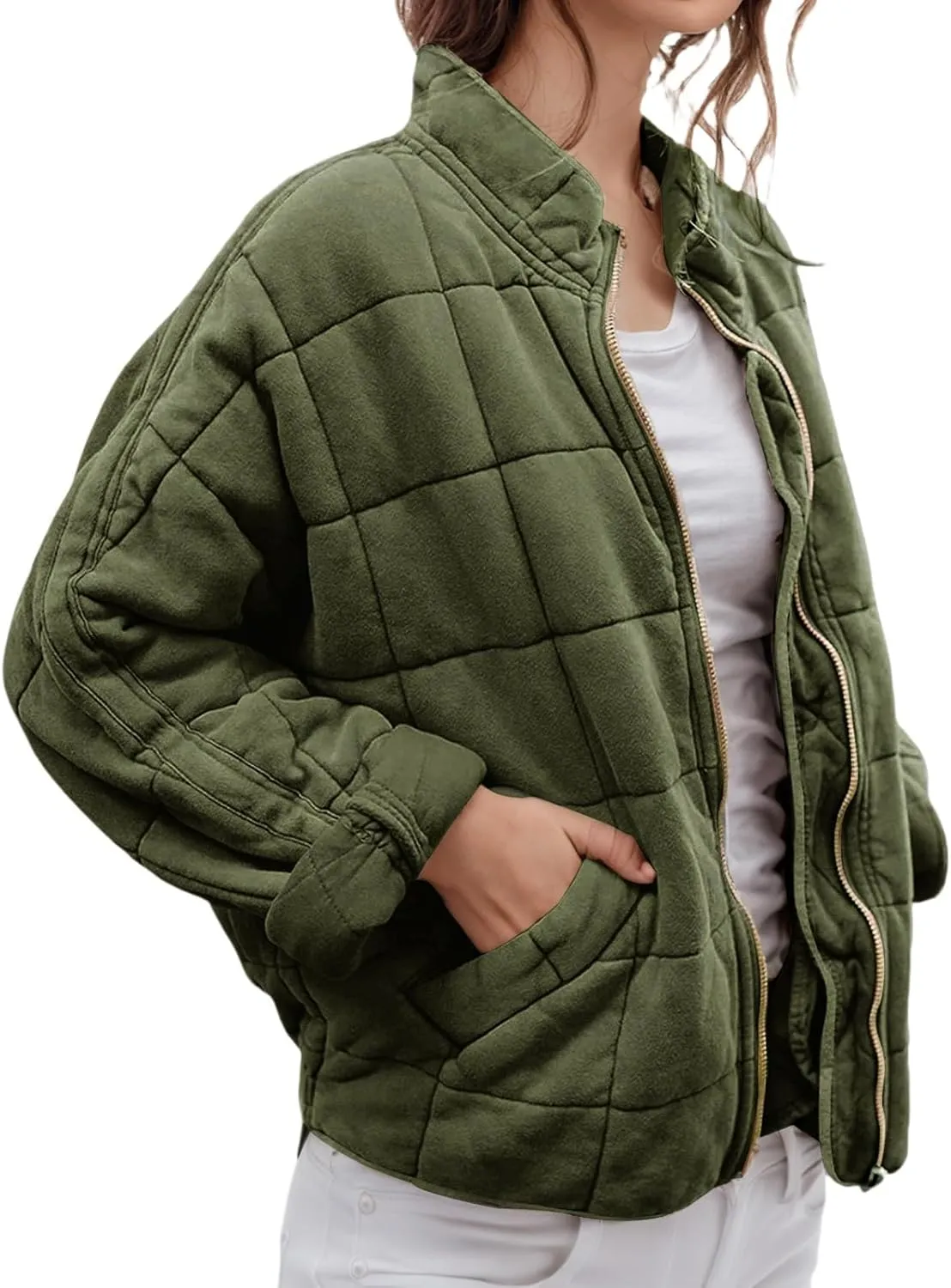 Womens Quilted Jackets Zip Up Puffer Jackets Lightweight Down Coats Casual Long Sleeve Winter Coats with Pockets