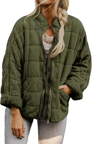 Womens Quilted Jackets Zip Up Puffer Jackets Lightweight Down Coats Casual Long Sleeve Winter Coats with Pockets