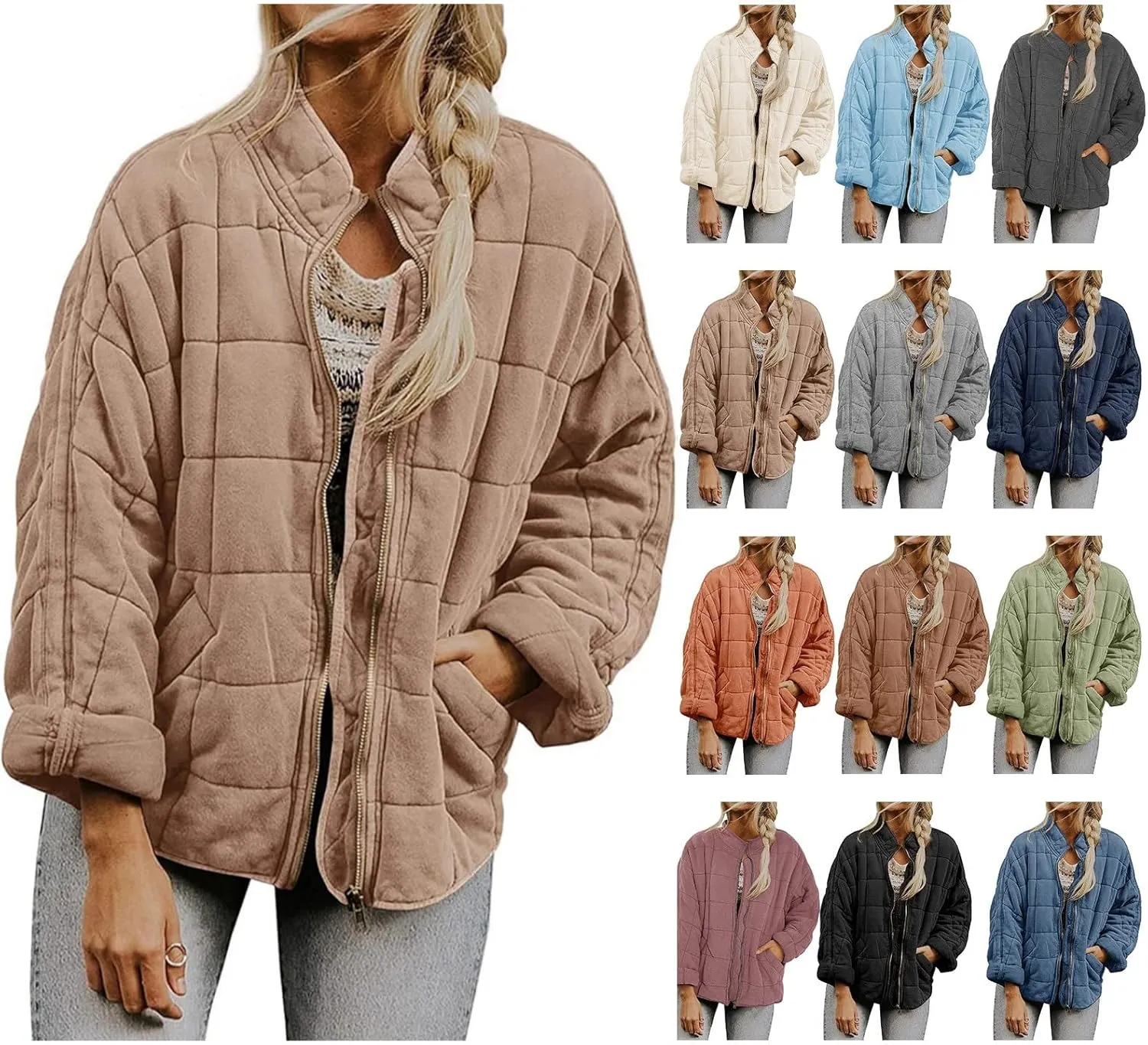 Womens Quilted Jackets Zip Up Puffer Jackets Lightweight Down Coats Casual Long Sleeve Winter Coats with Pockets