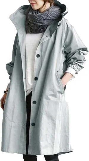 Women's Rain Jacket Button Waterproof Windbreaker Outdoor Trench Coat, S-5XL