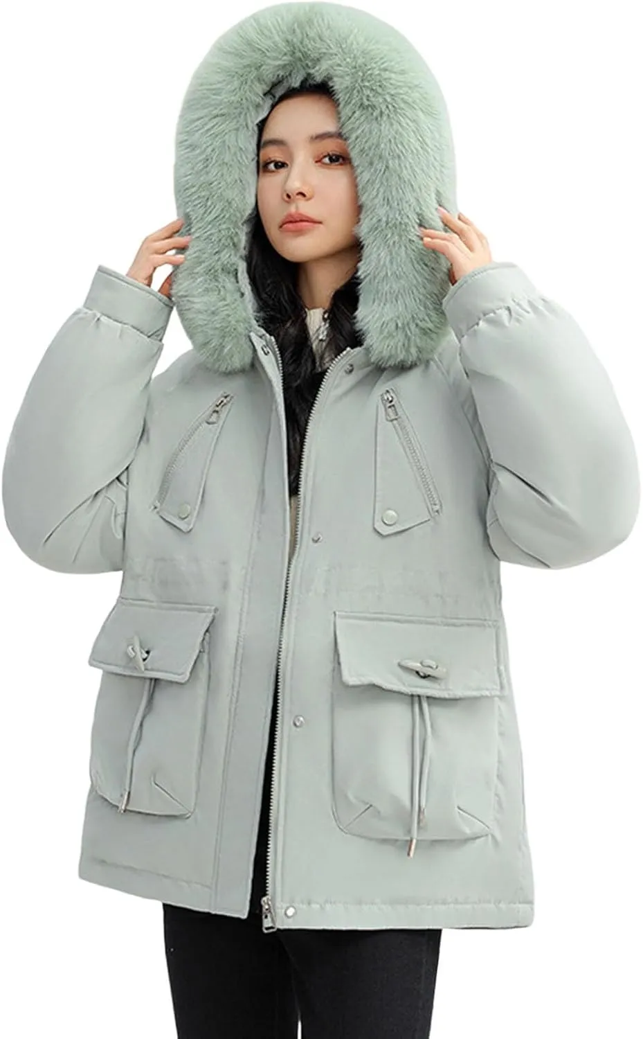 Women's Regular Fit Winter Cotton Jackets With Zipper Pockets Long Sleeve Full Zip Thickened Hooded Sweatshirt Coats