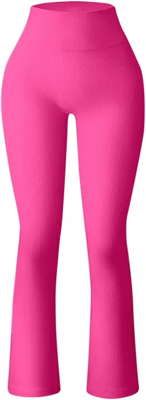 Women's Ribbed Yoga Pants Seamless Workout High Waisted Bell Bottoms Flare Leggings Tummy Control Athletic Yoga Leggings