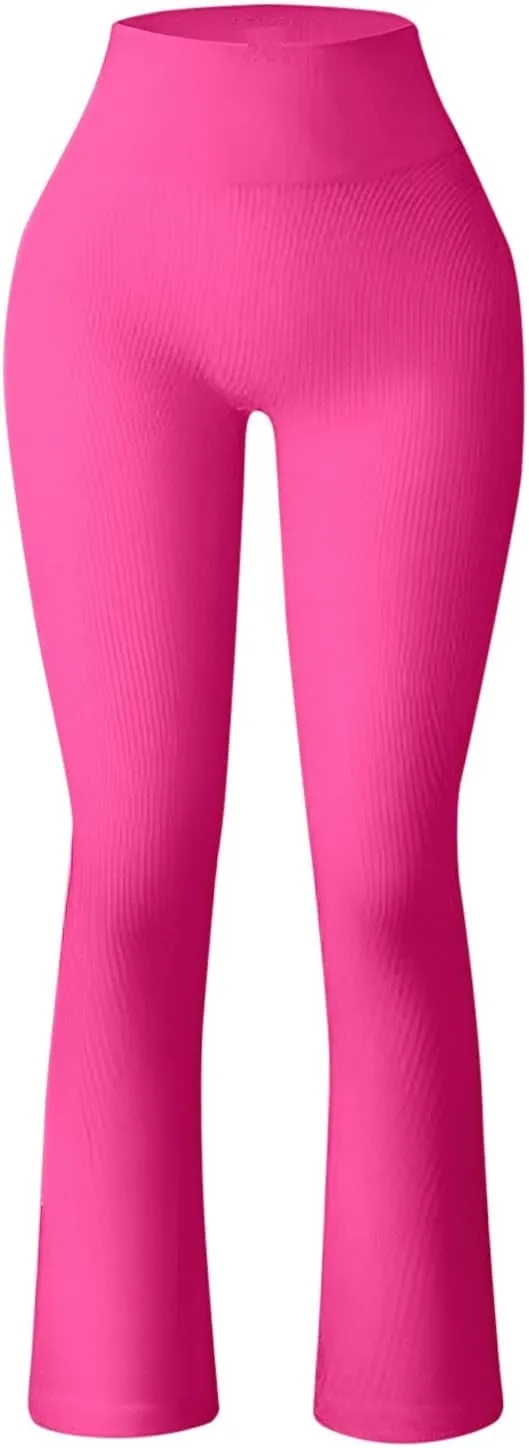 Women's Ribbed Yoga Pants Seamless Workout High Waisted Bell Bottoms Flare Leggings Tummy Control Athletic Yoga Leggings