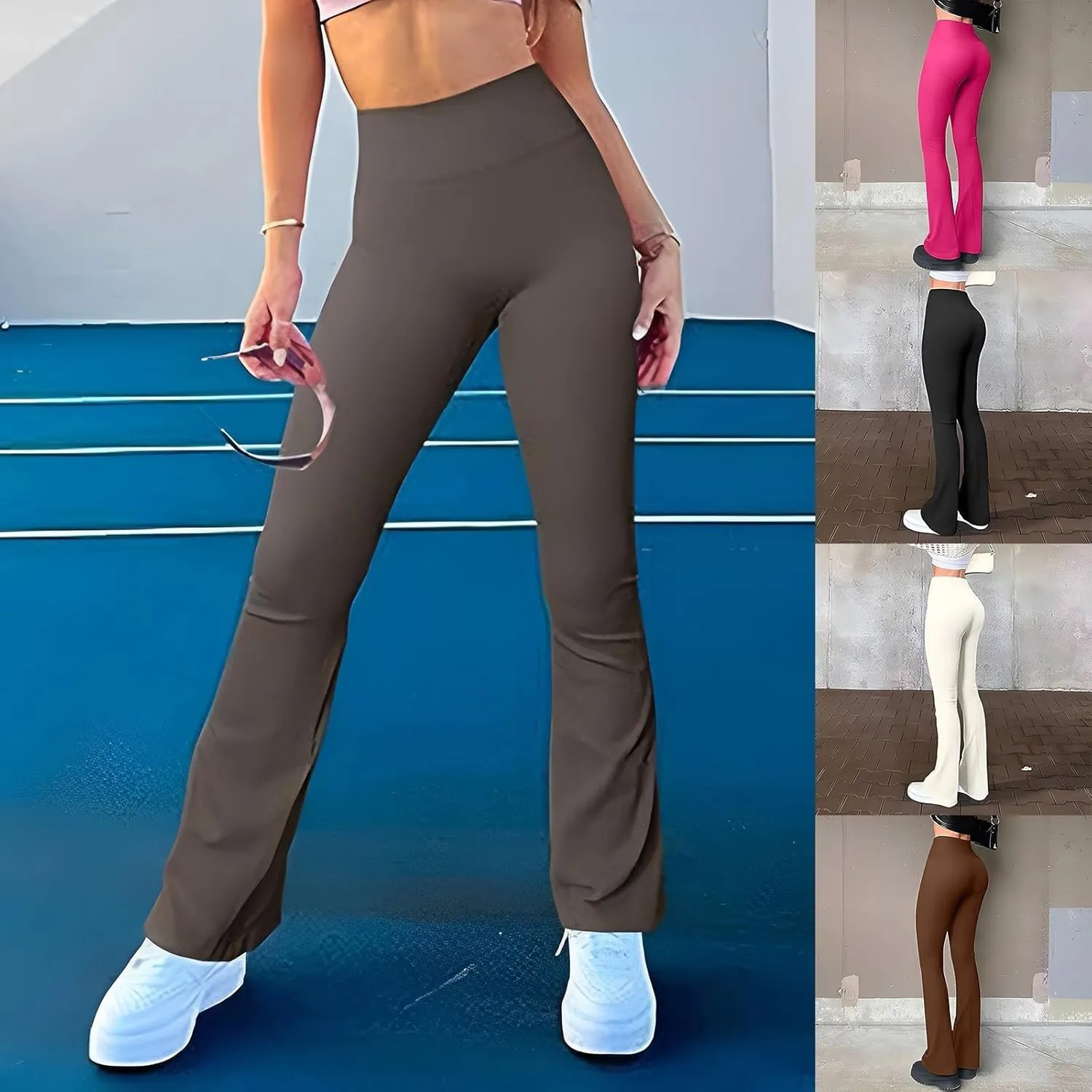 Women's Ribbed Yoga Pants Seamless Workout High Waisted Bell Bottoms Flare Leggings Tummy Control Athletic Yoga Leggings