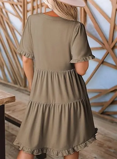Women's Ruffle Short Sleeve V-Neck Layered Swing Dress Casual A Line Flowy Mini Dresses Tiered Babydoll Sundress