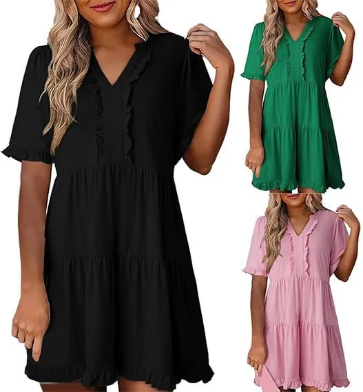 Women's Ruffle Short Sleeve V-Neck Layered Swing Dress Casual A Line Flowy Mini Dresses Tiered Babydoll Sundress