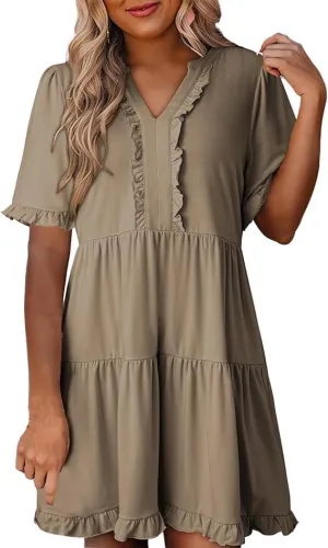 Women's Ruffle Short Sleeve V-Neck Layered Swing Dress Casual A Line Flowy Mini Dresses Tiered Babydoll Sundress