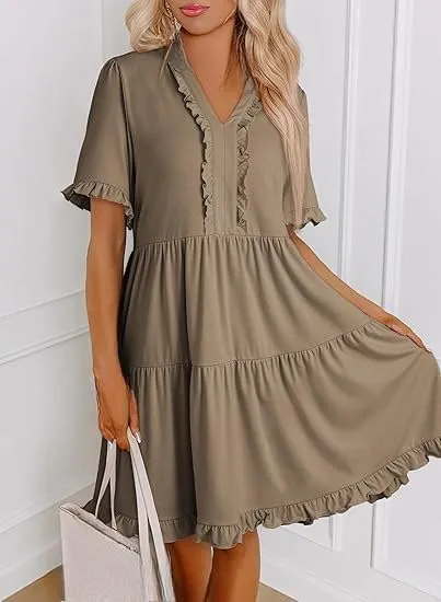 Women's Ruffle Short Sleeve V-Neck Layered Swing Dress Casual A Line Flowy Mini Dresses Tiered Babydoll Sundress