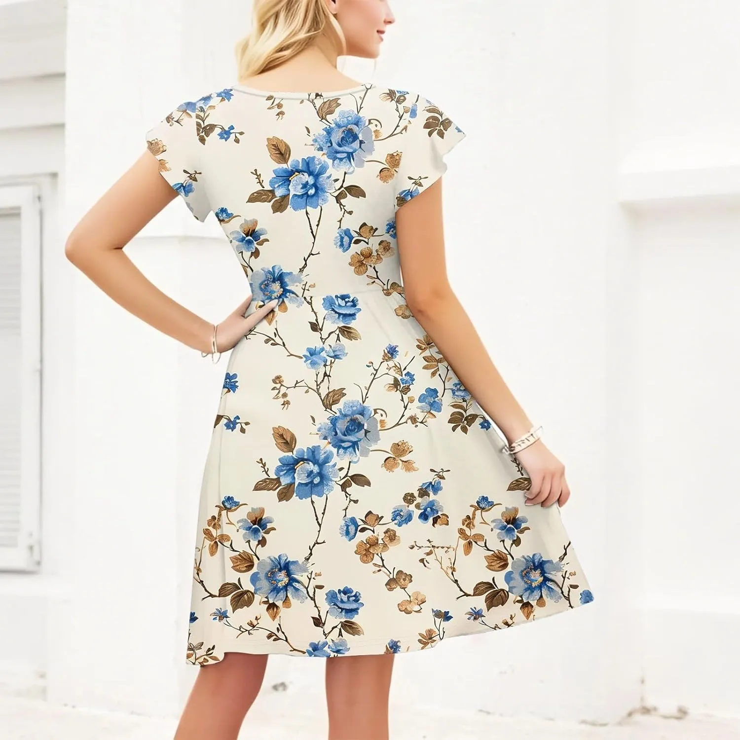 Women's Ruffle Sleeve Dresses for Women 2025 Pleated Loose Swing Knee Length Dress with Pockets
