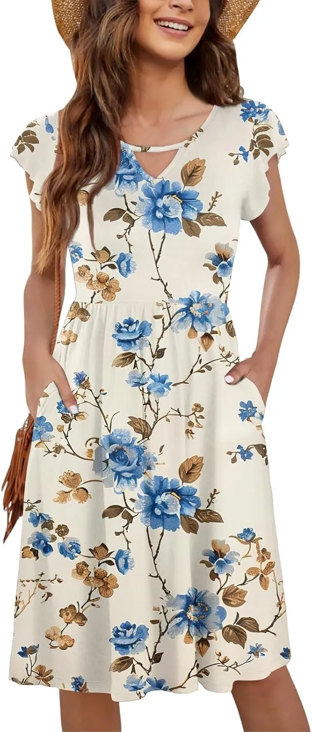 Women's Ruffle Sleeve Dresses for Women 2025 Pleated Loose Swing Knee Length Dress with Pockets