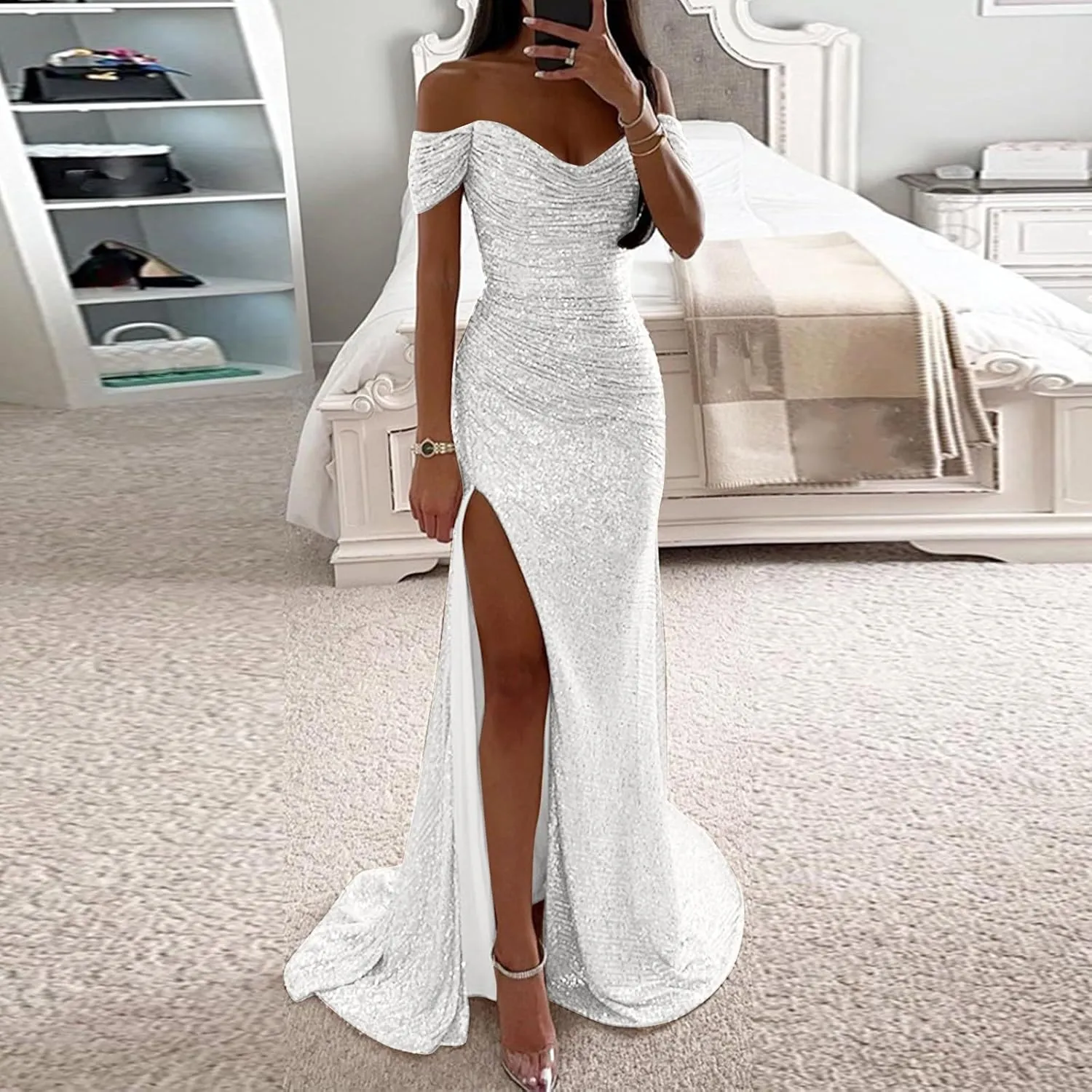 Womens Sexy Party Maxi Dress Short Sleeve Off Shoulder Wrap Side Split Bodycon Evening Cocktail Long Dresses