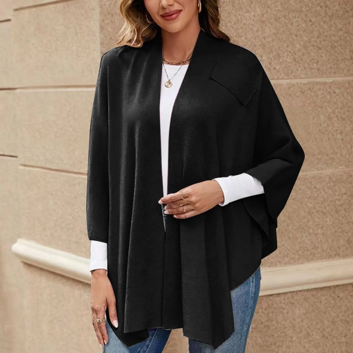 Women's Shawl Wrap Poncho Cape Dressy Solid Open Front Cardigan Shawls Fall Winter Elegant Knit Warm Sweater Cape