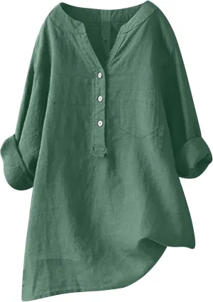 Women's Short Sleeve Cotton Linen Shirt Casual V Neck Trendy T Shirt Collared Button Down Loose Summer Tops