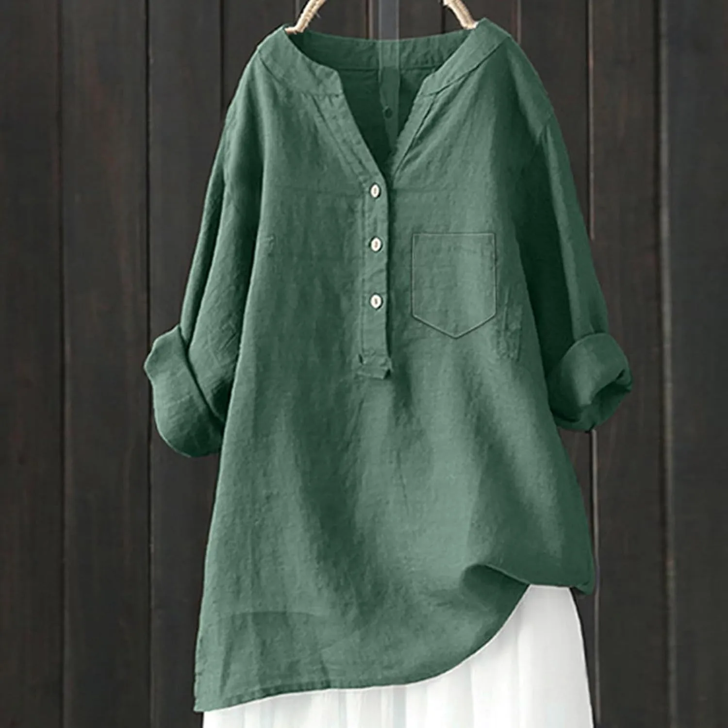 Women's Short Sleeve Cotton Linen Shirt Casual V Neck Trendy T Shirt Collared Button Down Loose Summer Tops