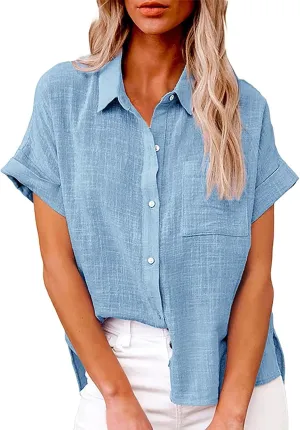Women's Short Sleeve Linen Shirt Casual Crew Neck Basic T Shirts Plain Loose Fit Summer Tee Tops