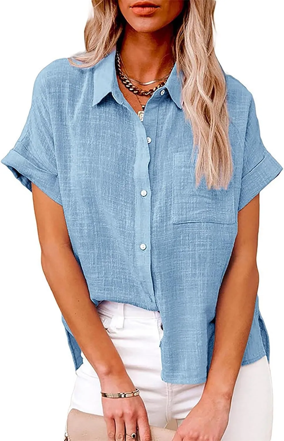 Women's Short Sleeve Linen Shirt Casual Crew Neck Basic T Shirts Plain Loose Fit Summer Tee Tops